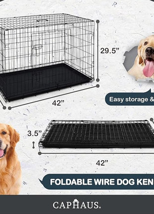 CAPHAUS Foldable Dog Crate Kennel w/Leak-Proof Pan & Divider Panel, Metal Crate, Small, Medium & Large Dog Crate Indoor Wire Cage, 42' w/Double Doors, Black