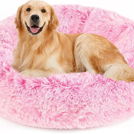 NOYAL Calming Donut Dog Bed for Small to Medium Dogs & Cats - Plush Faux Fur Anti-Anxiety Pet Bed with Machine Washable Cover & Non-Slip Base