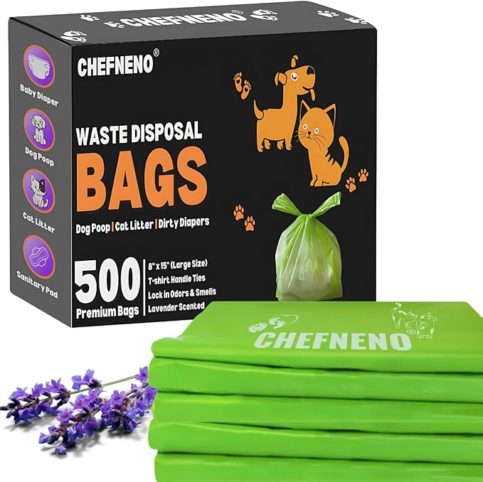 Cat Litter Waste Bags Biodegradable (500 ct., Green) Bulk Dog Poop Bags with Easy Tie Handles Earth-Friendly Lavender Scented Cat Litter Poop Diaper Bag Disposable Sanitary Pad Waste Bags (500 Bags)