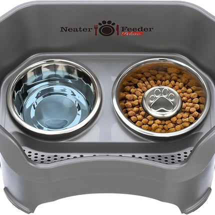 Neater Feeder Deluxe Mess Proof Dog Bowls Elevated for Large Breeds – Made in USA – No Spill Raised Slow Feeder Elevated Dog Bowl Stand, Stainless Steel Food and Water Bowl Set, Grey