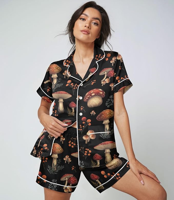 Women’s Silk Satin Pajama Set, Short Sleeve Button Down 2 Piece PJs with Shorts, Cozy Loungewear & Matching Holiday Pajamas