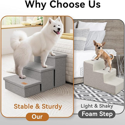 Wider Dog Stairs with Storage 18" H, 3-Step Sturdy Dog Steps for Large/Medium/Small Older Senior Dogs Cats, Folding Pet Stairs Climbing Bed or Couch, Arthritis-Friendly (Gray, No Condo)