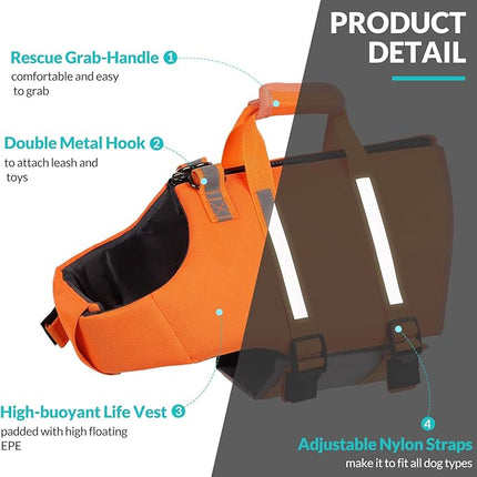 Queenmore Dog Life Jacket - Adjustable Swim Vest with Rescue Handle, Zipper (Orange, XS)