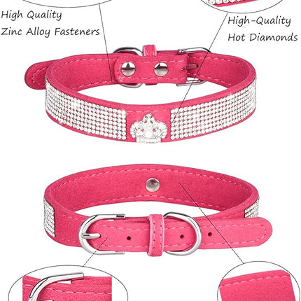 Dog Collar for Small Dogs, Adjustable Leather Suede Bling Dog Collars，Pink Dog Collar Cat Collar, Rhinestone Dog Collar (XS, Rose red3)