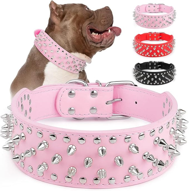 Epesiri Adjustable Wide Spiked Dog Collar, Mushroom Rivet PU Leather Cat Dog Collars, Durable Spike Studded Pet Collar for Small Medium Large Breed, PitBull Mastiff Bulldog Pugs Husky Rottweiler, Pink
