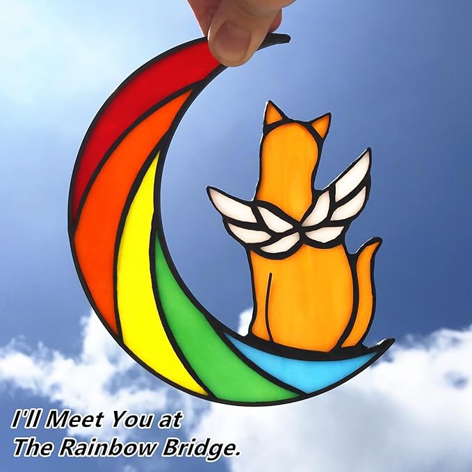 Orange Cat Memorial Gifts for Loss of Cat Mom Sympathy Bereavement, Rainbow Bridge Pet Memorial Gifts Stained Glass Window Hangings