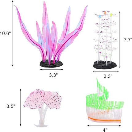 Glowing Fish Tank Decorations, 4 pcs Glow Aquarium Decor Set, Multicolor Underwater Themed Plants (Pink Coral, Green Anemone, Purple Feather Coral, Pink Kelp)