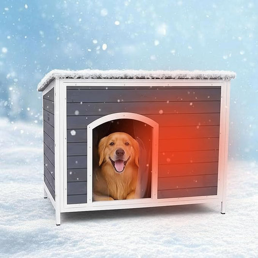 Geguri Large Outdoor Wooden Dog House for Medium to Large Dogs | Weatherproof Asphalt Roof, Chew-Resistant Frame,Indoor/Outdoor Use (Grey, 43.3" L × 26.4" W × 29.5" H)