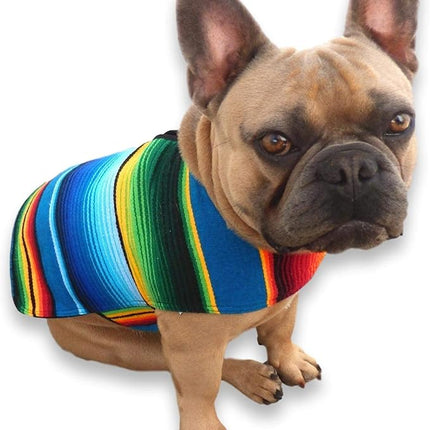 Handmade Dog Poncho from Mexican Serape Blanket - Dog Clothes - Coat - Costume - Sweater - Vest (Blue, French Bulldog/Pug)