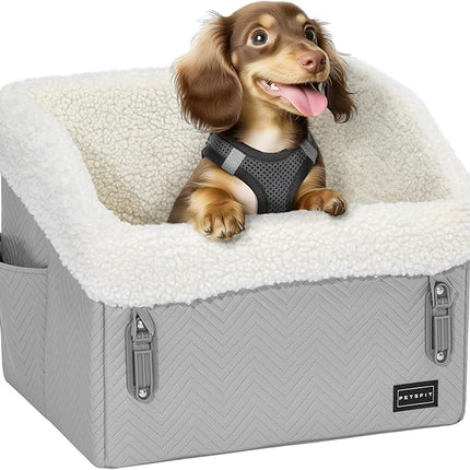 PETSFIT Small Dog Car Seat, Waterproof PU Leather Dog Booster Car Seat with Patented Safe Buckles, Pet Carseat for Medium or Small Sized Pets up to 30 lbs (Grey)