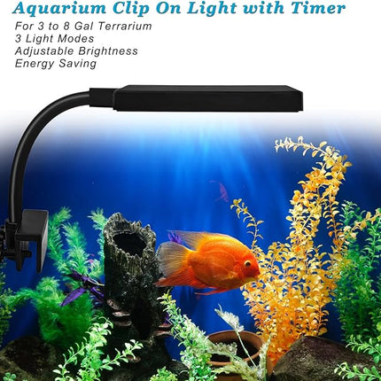 DOMICA Clip On Aquarium Light with Timer for 3 to 8 Gal Fish Tank (Dimmable Full Spectrum LED) USB Moving Lamp for Open Terrarium (Adapter NOT Included), Black, DM-USBLIGHT+T02