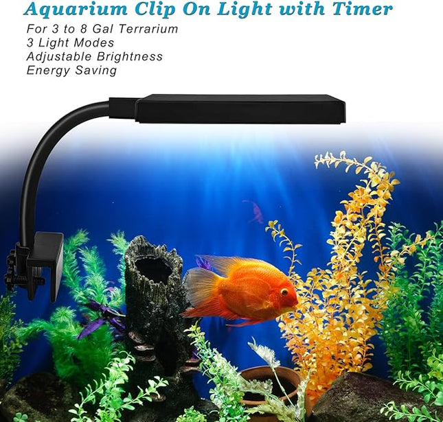 DOMICA Clip On Aquarium Light with Timer for 3 to 8 Gal Fish Tank (Dimmable Full Spectrum LED) USB Moving Lamp for Open Terrarium (Adapter NOT Included), Black, DM-USBLIGHT+T02