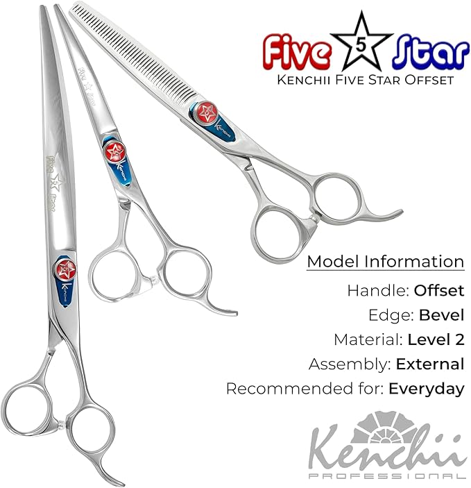 Kenchii Five Star Offset Handle Professional Dog Grooming Shears, 6 Inch Straight Shears, Light Weight, Heavy Duty Pet Grooming Scissor for Dogs, Cats