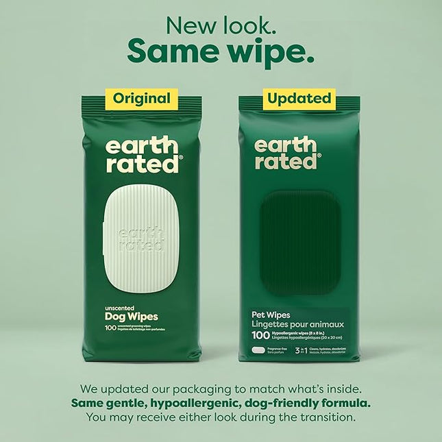 Earth Rated Pet Wipes for Dogs and Cats, Hypoallergenic, Cleaning and Hydrating, for Grooming Paws, Body and Butt, Unscented, 100 Count