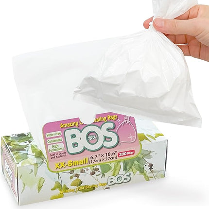 BOS Amazing Odor Sealing Disposable Bags, for Pet Waste (for small dogs) or Any Sanitary Product Disposal - Durable and Unscented[Size: XXS, Color: White] (200 count, Pack of 1) (200 Bags)