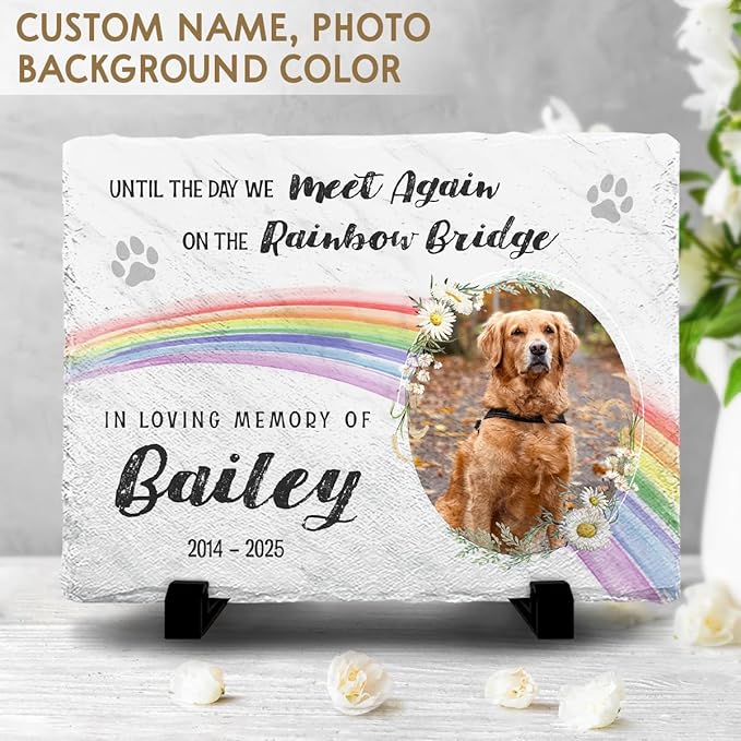 Rainbow Bridge Dog Memorial Gifts for Loss of Dogs - Custom Slate Stone in Loving Memory of Cat, Grave Marker to Decor Bereavement, Engraved Paw Prints on Pet Lovers' Hearts