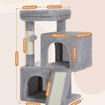 PAWZ Road Cat Tree, 30 Inches Cat Tower with Dual Condos for Indoor Cats, Plush Cat House with Padded Perch, Scratching Ramp and Posts and Replaceable Balls-Gray
