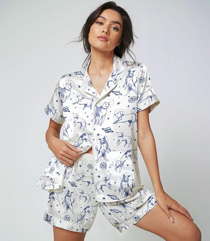 Women’s Silk Satin Pajama Set, Short Sleeve Button Down 2 Piece PJs with Shorts, Cozy Loungewear & Matching Holiday Pajamas