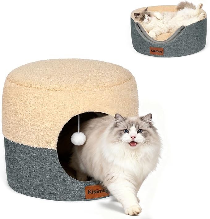 Cat Cave Bed for Indoor Cats, 2-in-1 Calming Anti-Anxiety House & Lounger, Durable Cozy Round Pet Bed with Cushioned Pillow & Anti-Slip Bottom for Small Dogs, 19.7 inches