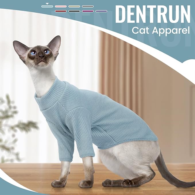 DENTRUN Sphynx Hairless Cats Shirt Pullover Kitten T-Shirts, Breathable Cat Wear Turtleneck Sweater Adorable Cat's Clothes Vest Pajamas Jumpsuit