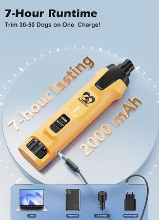 Casfuy 6-Speed Dog Nail Grinder – 50%+ Boost Power Dog Nail Trimmers Quiet with Dust Cap & 2 LED Lights & 2000mAh Battery & 4.8V Motor Electric Pet Toenail File Tool for Large Medium Small Dogs Cats