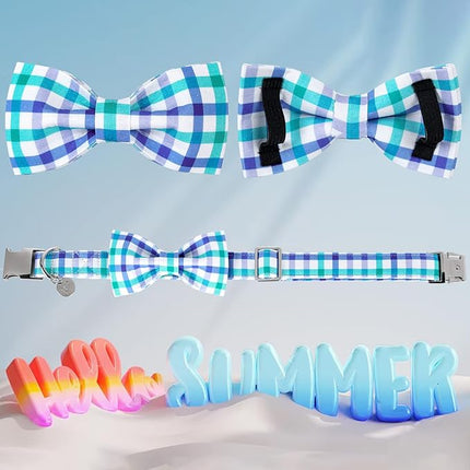 Dog Collar Bow Tie, Comfortable Durable Cotton Bowtie Collar for Girl Boy Dog or Cat, Adorable Puppy Collar with Metal Buckle, Blue Grid Gift Collar, XS