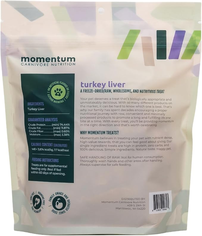 Momentum Carnivore Nutrition Freeze-Dried Turkey Liver Dog Treats – Single-Ingredient, Dog & Cat Treats – High-Protein, Grain-Free– 3.5 oz Bag