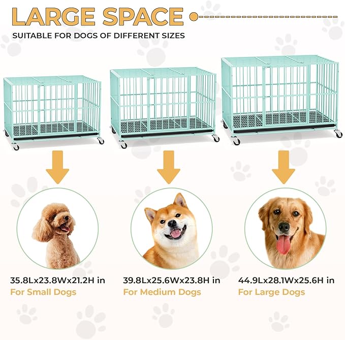 48 in Green Heavy Duty Dog Crate Steel Escape Proof, Indoor Double Doors and Lockable Wheels,Removable Tray, for Dog Breeds,XL,XXL