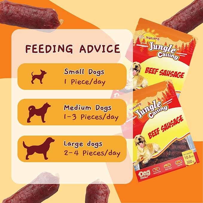 Jungle Calling Beef Sausage Dog Treats, Slow Roasted Beef Jerky Dog Training Treats, Grain-Free Soft Treats for Small and Medium Dogs, 10.6 oz