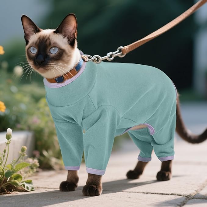 DENTRUN Cat Clothes for Hair Control with Hair Sticky Fabric - Soft Recovery Suit & Breathable Lint-Resistant Cat Sweater for Cats Only, Kitten Onesie Pajamas, M, Bean Green