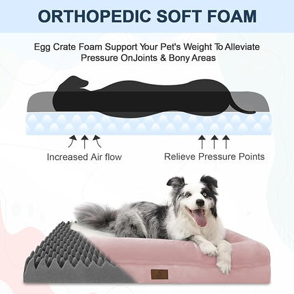 XLarge Orthopedic Dog Bed for Large Dogs, XL Waterproof Egg Crate Foam Dog Bed with Removable Washable Cover, 4-Sides Removable Bolster Soft Sofa Couch with Non-Slip Bottom, Pink