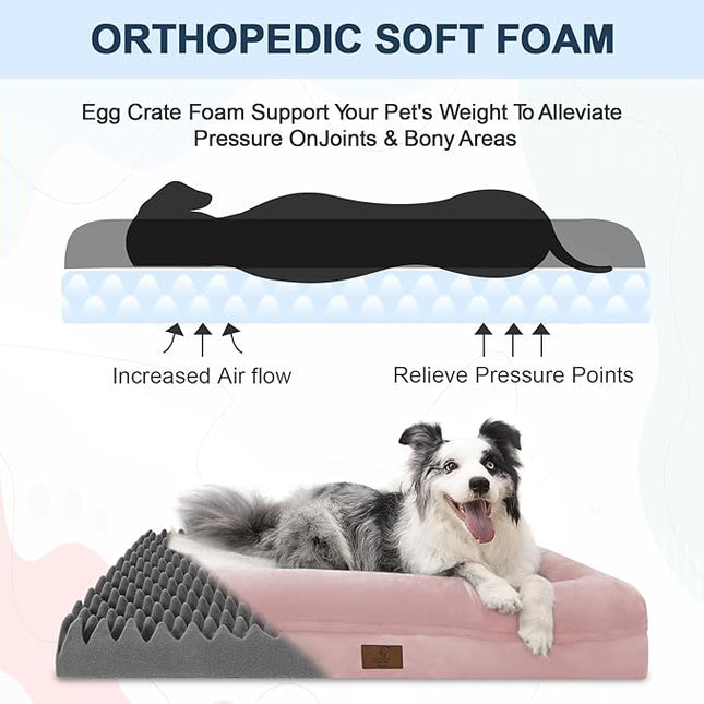 XLarge Orthopedic Dog Bed for Large Dogs, XL Waterproof Egg Crate Foam Dog Bed with Removable Washable Cover, 4-Sides Removable Bolster Soft Sofa Couch with Non-Slip Bottom, Pink