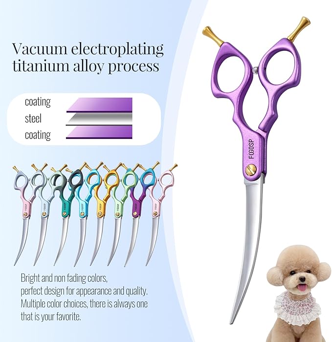 Professional Curved Dog Grooming Scissors with Sharper Self Grinding lightweight and finely trimmed split structure 6.5'' Japan VG10 63HRC for small dogs cat pet(Purple)