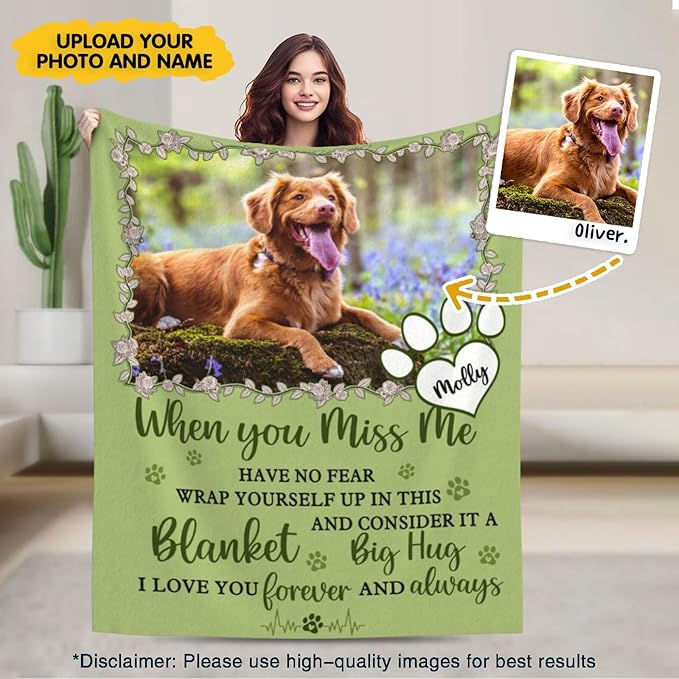 Custom Pet Memorial Blanket with Photo,Personalized Dog/Cat Loss Sympathy Gift,Pet Loss Bereavement Remembrance Gifts,Flannel Throw Blanket with Pictures (Light Green)