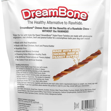 DreamBone Triple Flavor Twisties Chews for Dogs, 25 Count, Treat Your Dog to Rawhide-Free Chews Made with Real Chicken, Beef and Peanut Butter (Pack of 2)