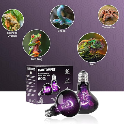 60W Reptile Night Light Bulb, UVA Heat Lamp - Simulate Natural Moonlight, Purple Basking Lamp for Bearded Dragon, Lizard