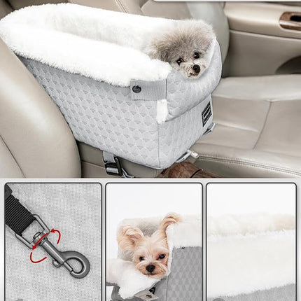 PETSFIT Dog Car Seats for Small Dogs with Safe Protection Hooks, Small Dog Car Seat with Upgraded Safety Tethers, Washable Cushion, Center Console Dog Car Seat for Pets Under 8 Lbs (Light Grey)