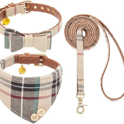 EXPAWLORER Dog Collar and Leash Set - Classic Plaid Dog Bow Tie and Dog Bandana Collar with Bell, Dog Leash Tangle Free, Adjustable Collars for Small Medium Large Dogs Cats, Holiday Ideal Gift, XS