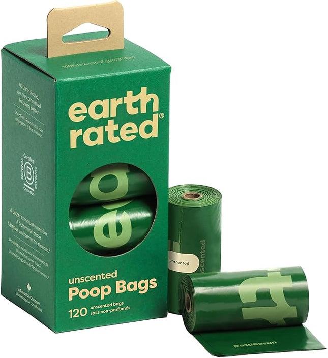 Earth Rated Poop Bags for Dogs Guaranteed Leak Proof and Extra Thick Waste Bag Refill Rolls, Unscented, 120 Bags
