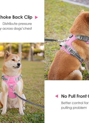 PHOEPET No Pull Dog Harness, Unique Colors Reflective Adjustable Dog Vest, with Soft Training Handle Metal Clips for Small Medium Large Dogs (Baby Pink Base & Grey Straps,XL)