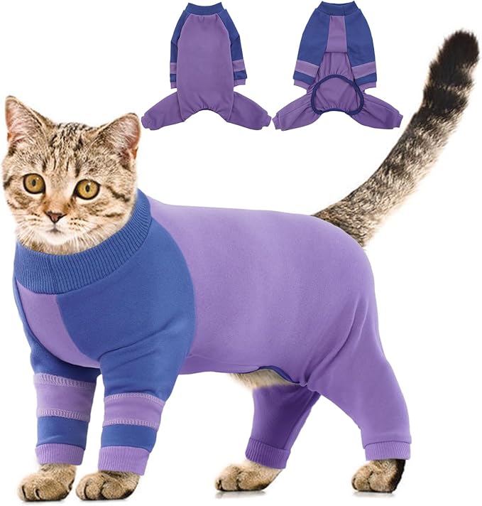 Sticky Hair Cat Clothes, Four-Leg Long Sleeve Cat Pajamas, Prevent Fur Shedding Kitten Onesie Shirts, Surgery Recovery Suit for Male Female, Wound Protection & Preventing Licking