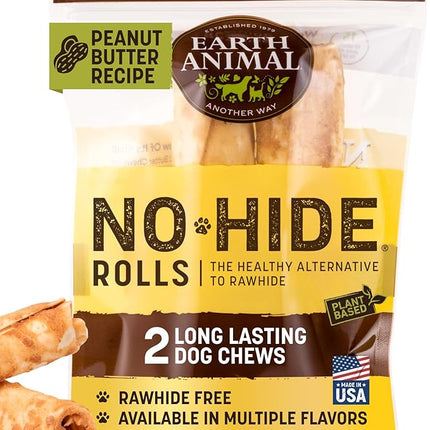 Earth Animal No Hide Chews - Long Lasting Rawhide Free Medium Dog Chews Rolls, Peanut Butter - 2 Count