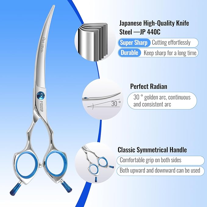 Curved Dog Grooming Scissors 6.5 in Small Curve Shears for Pet Dogs Cat Japan 440C 30°Arc Upward & Downward for Trimming Face and Paws(6.5, Curved)