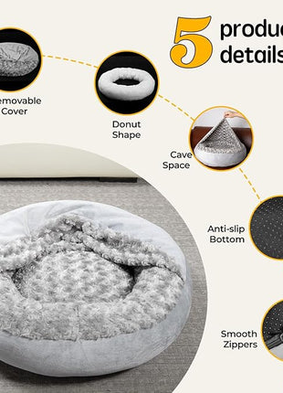Cave Dog Bed with Blanket Donut Round Plush Cozy Cat Pet Bed for Puppy Machine Washable Removable Cover Cat Toy Anti-Slip Bottom Gray 26X26X8 inch