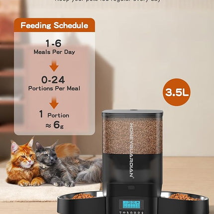 HoneyGuaridan 3.5L Automatic Cat Feeder for Two Cats, Food Dispenser with Stainless Steel Bowl,Timed Cat Feeder Programmable 1-6 Meals Control, Dual Power Supply,10s Meal Call Black