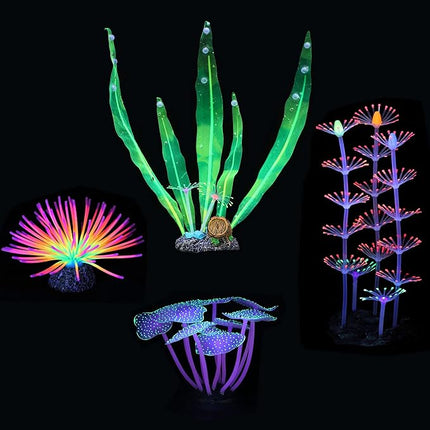 Glowing Fish Tank Decorations Plants, 4 pcs Aquarium Ornaments - Purple Coral, Rainbow Sea Urchin Ball/Small, Green Kelp, Pink Feather Coral