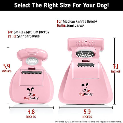 DogBuddy Pooper Scooper, Portable Dog Pooper Scooper, Poop Scooper for Small and Large Dogs, Pooper Scooper with Bag Attachment, Leash Clip and Dog Waste Bags Included (Medium, Pink)