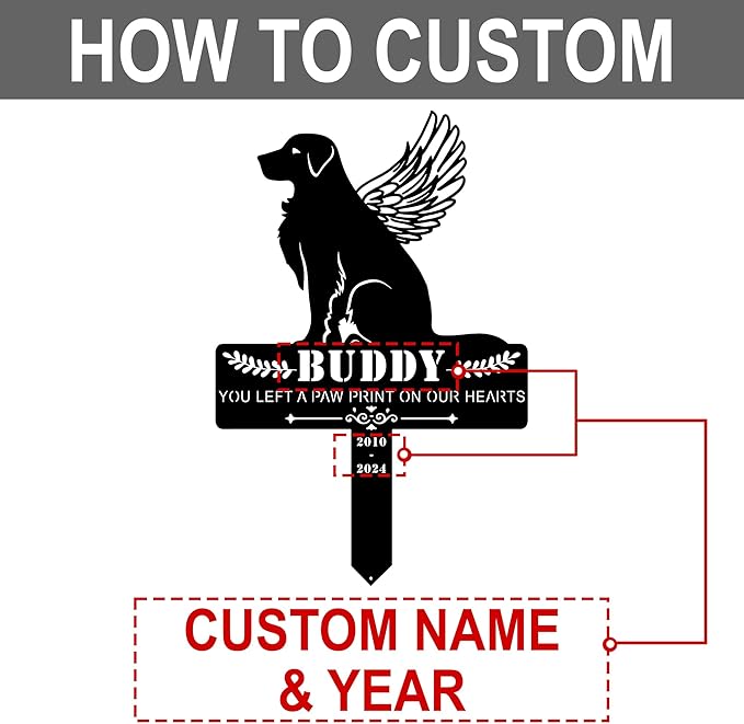 Personalized Dog Memorial Grave Marker, Custom Pet's Name Cemetery Decorations for Funerary, Metal Dog Burial Garden Stake, Outdoor Sympathy Angel Handstone Stake Plaque Gift for Loss