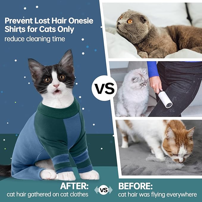 Sticky Hair Cat Clothes, Four-Leg Long Sleeve Cat Pajamas, Prevent Fur Shedding Kitten Onesie Shirts, Surgery Recovery Suit for Male Female, Wound Protection & Preventing Licking