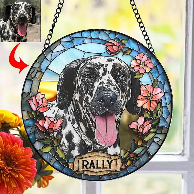 Custom Dog Portrait Stained Glass Window Hanging Light Catcher, Pet Memorial Stained Glass Photo, Dog Memorial Gift Pet Loss Gift